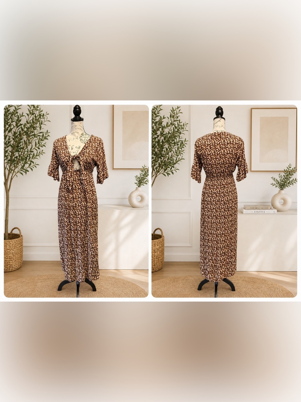 LunaChix Floral Tie-Front Maxi Dress - Boho Short Ruffle Sleeve - XS
